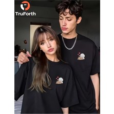 Mondschein Sevgili Kombin Tişörtü Sevimli Karakter Baskılı Unisex Oversize Çift Tişörtü %100 Pamuk Siyah