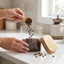 Aesco Deconox Dikdörtgen Borosilikat Cam Kavanoz, Bambu Kapaklı Silikon Contalı Erzak Saklama Kabı, 750 ml ve 1000 ml Boyut Seçenekli