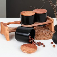 Aesco Keramika Mat Siyah Ege Ahşap Standlı Saklama Kabı 10 cm 3 Parça