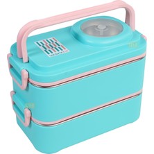 Aesco Uzspace 1200ML Lunchbox 2 Katlı 4 Bölmeli Mini Kaseli Çelik Sefer Tası Yemek Kutusu (Turkuaz-Pembe)