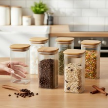 Aesco Deconox 6'lı Set 425 ml Bambu Kapaklı Kare Cam Kavanoz - 6X12 cm Vakumlu Uzun Boy Şeffaf Erzak Kabı Kahve Çay Baharatlık ve Mutfak Düzenleyici Organizer Saklama Kutusu
