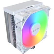 Aesco Montech NX400 Argb - Cpu Soğutucu, Tek Kule, 4 Gelişmiş Isı Borusu, 52 Kanatlı Isı Emici, E28, 120 mm Fdb Statik Basınçlı Fan, 28 mm Fan Kalınlığı, Köşe Kapağı Ayak Pedleri, Argb - Beyaz