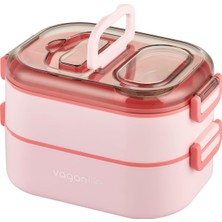 Aesco Vagonlife 1000 ml Iki Kat Üç Bölme Paslanmaz Çelik Bento Lunch Box Yeni Nesil Sefer Tası-Sos Kaseli MODEL-FFLBOX7081 Pembe