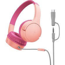 Aesco Belkin Soundform Mini Kids Kablolu Kulaklık (Pembe) – Usb-C + 3,5 mm Adaptör, Dahili Mikrofon, 85 Db Ses Sınırı, Eğlenceli Çıkartmalar, Iphone, Ipad, Galaxy Uyumlu