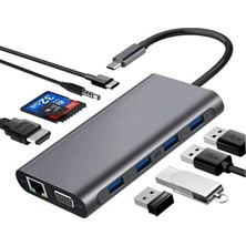 Aesco Coverzone Type-C To HDMI Adaptör 11 In 1 Dört USB 3.0 Bağlantı Noktası 4K HDMI VGA Type C Pd Usb3.0 RJ45 Ethernet Sd Tf Kart Okuyucu 3.5mm Aux MacBook Pro Air Uyumlu
