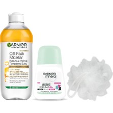 Aesco Garnier Skin Naturals Çift Fazlı Micellar Kusursuz Makyaj Temizleme Suyu (400 Ml) & Mineral Lekesiz Koruma Roll-On Deodorant & Duş Lifi Hediyesi