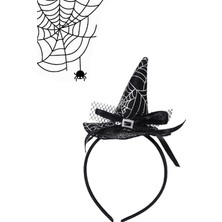 Aesco Halloween Şapkalı Cadı Taç Siyah Beyaz Örümcek Desen