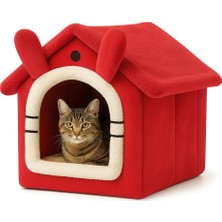 Aesco Kedi Evi Yumuşak Kedi Yatağı | Peluş Derin Uyku Evi, Çıkarılabilir Minderli, Isı Yalıtımlı Kışlık Ev | Katlanır Kedi Evi (Kırmızı)