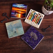 Aesco Pinecone Stone Claude Monet Izlenim Gün Doğumu, Hayat Ağacı, Yerli Kadınlar, Deniz Manzarası Taş Bardak Altlığı Seti - 4 Parça - Dekoratif, Rustik Mutfak Aksesuarı, 10X10 Cm, Kaydırmaz Tabanlı SC430