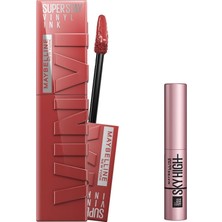 Aesco Maybelline New York Super Stay Vinyl Ink Uzun Süre Kalıcı Likit Parlak Ruj 35 Cheeky & Mini Lash Sensational Sky High Maskara Makyaj Seti
