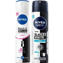 Aesco Nıvea Kadın Sprey Deodorant Black&white Invisible Clear 150 Ml, Men Erkek Sprey Deodorant Black&white FRESH150 Ml,2'li Paket