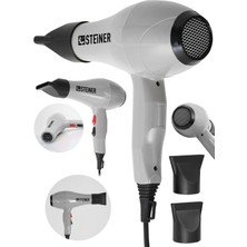 Aesco Steiner 3800 Watt Profesyonel Saç Kurutma Makinesi Fön Makinesi Ac Motor Gri+ 2 Adet Başlık