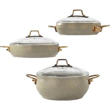 Aesco Bonera EMY2402 Emaye 6 Parça Tencere Seti | Gri Vintage Güveç Model | Cam Kapaklı 16-20-22 cm Tencere Takımı | Indüksiyon Uyumlu Şık ve Dayanıklı Mutfak Seti