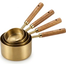 Aesco 4'lü Büyük Boy Ölçü Kabı Seti, Paslanmaz Çelik Yapı, Ahşap Saplı Gold Hazneli Tasarım, 60 ml 80 ml 125 ml 250 ml Ölçüler, Ev Ofis Restoran Için Kullanıma Uygun Pratik Ölçü Kaşığı Seti