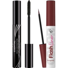 Aesco Golden Rose Essential Hacim Veren Maskara Siyah ve Flash Liner Bordo Eyeliner Makyaj Seti