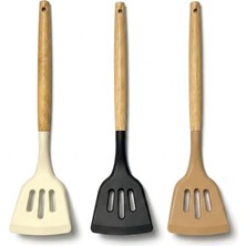 Aesco Deconox 30 cm Bambu Saplı Silikon Delikli Spatula, Yapışmaz Tava ve Tencereler Için Esnek Uçlu Mutfak Spatulası, Krep Omlet Balık Pancake Çevirici, 3 Renk Asorti Karışık Gönderim