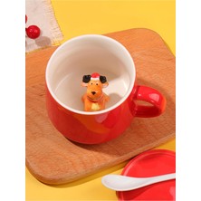 Aesco Mukko Home 3D Yavru Geyik Biblolu Kırmızı Porselen Kupa - 350ML | Şık ve Eğlenceli Tasarım,kırmızı