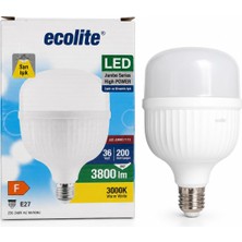 Aesco Ecolite 36W LED Ampul – 200W Eşdeğeri | E27 Duy, 3000K Sarı Işık, 3800 Lümen | Enerji Tasarruflu Jumbo LED Ampul | Ac 220V, 166X115MM