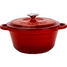 Aesco Lava Döküm Yuvarlak Tencere Döküm Demir Kapak New Heritage Serisi Çap 26CM. Kırmızı
