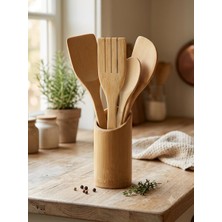 Aesco Ahşap Bambu Mutfak Seti 5 Parça Stand ile Kaşık Çatal Spatula