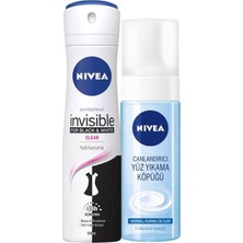 Aesco Nıvea Kadın Sprey Deodorant Black & White Invisible Clear, Ter ve Ter Kokusuna Karşı 48 Saat Anti-Perspirant Koruma 150ML ve Nıvea Yüz Yıkama Köpüğü Canlandırıcı, Normal Ciltler 150ML