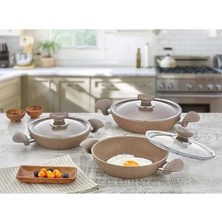 Aesco Oms 3004-6 Parça, Bio Granit, Yapıştırmaz, (18-20-22 Cm) Sahan Seti, Sütlü Kahve Gövde ve Detay