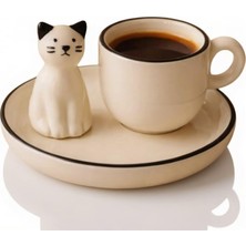 Aesco Arvale 3D Kedi Figürlü Seramik Kahve Fincanı – Sevimli Kedi Tabak Fincan Takımı Dekoratif Set - 1 Set