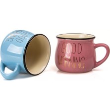 Aesco Mukko Home 2'li Emaye Görünümlü Porselen Kupa Seti Good Morning Gold Yazılı 150 Ml,pembe & Mavi