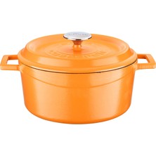 Aesco Lava Metal Spring Serisi - Döküm Tencere, Yuvarlak, 24 Cm, Mat Emaye, Parlak Siyah Taban, Turuncu