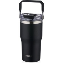 Aesco Diller 620ML Tumbler Pipetli/pipetsiz Kullanım Kulplu Paslanmaz Çelik Termos (Siyah)