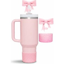Die Grup Pembe Simli Silikon Termos Taban Koruyucu ve Fiyonk Pipet Tıpası Seti