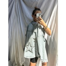 Gözde Tasarım Butik Kadın Buz Mavisi Arkası Yıldız Işlemeli Taşlı Uzun Kot Ceket