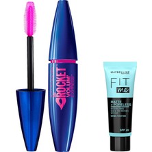 Aesco Maybelline New York Volum' Express Rocket Ekstra Siyah Maskara & Mini Fit Me Matte - Poreless Matlaştırcı Makyaj Bazı Makyaj Seti