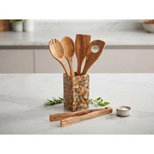 Aesco El Yapımı Zeytin Ağacı Mutfak Gereçleri Seti ve Dekoratif Mozaik Kaşıklık – 5’li Tam Mutfak Seti – Doğal Ahşap Kaşık, Düz Spatula, Delikli Spatula, Salata Servis Kaşığı, Pişirme Maşası