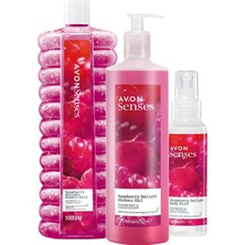 Aesco Avon Senses Ahududu ve Frenk Üzümü Kokulu Duş Jeli, Banyo Köpüğü ve Vücut Spreyi Paketi