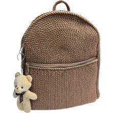 Aesco Örgü Dokuma Mini Sırt Çantası, Taba Kahverengi, Ayıcık Charm Detaylı, Fermuarlı