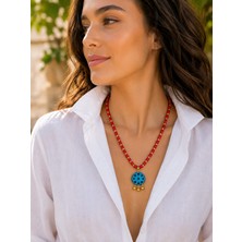 Sinem Şanlı Atelier Luna Mat Kırmızı Cam Boncuk Süryani Taşlı İkili Kolye Seti Choker Uzun Kolye Kutulu 50 cm