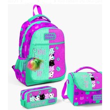 Aesco Coral High Kids Pembe Su Yeşili Kedi Desenli 3'lü Okul Çanta Seti