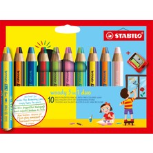 Aesco Stabılo Woody 3'ü 1 Arada Duo - Duo Boyama Kalemi, Suluboya ve Mum Boya - Iki Tonlu Kurşun - Kalemtıraş ile 10'lu Paket - 10 Kalem ve 20 Farklı Renk