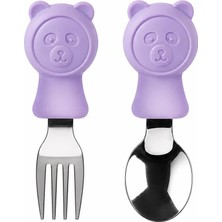 Die Grup Valkyrie 304 Çelik Panda Bebek Kaşık Çatal Setisilikon Saplı Bpa Içermez Ergonomik Kaymaz Mor