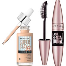 Die Grup Maybelline New York Lash Sensational Yelpaze Etkili Intense Black Maskara - Ekstra Siyah & Super Stay Skin Tint Fondöten - 10 Makyaj Seti