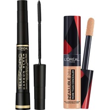 Die Grup L’oréal Paris Telescopic Carbon Black Maskara - Siyah & Infaillible Tüm Yüze Uygulanabilir Kapatıcı 327 Cashmere Makyaj Seti