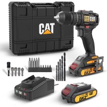 Aesco Cat DX1010.1 18VOLT 2.0AH Li-Ion Çift Akülü Kömürsüz Profesyonel Şarjlı Darbeli Matkap + 20 Parça Delme Vidalama Uç Seti