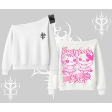 Aesco Tarzsokak Born To Be A Star Yazılı Sevimli Kedi Arka Baskılı Kayık Yaka Sweatshirt, Beyaz, L
