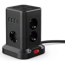 Aesco Smayling Kule Tipi Çoklu Priz - 3 Usb-A + 1 Type-C Çıkışlı, Akım Korumalı, Tek Tuş Kontrollü Masaüstü Priz