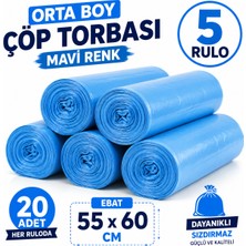 Liva Ambalaj Orta Boy Çöp Torbası 55X60 cm Mavi 5 Rulo 100 Adet Dayanıklı Çöp Poşeti