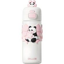 Die Grup Diller 480ML Sevimli Hayvanlar Süslü Pipetli/pipetsiz El Askılı Paslanmaz Çelik Termos (Pembe Panda)