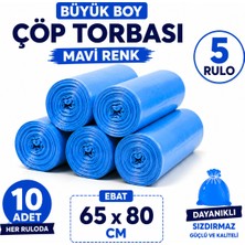 Liva Ambalaj Büyük Boy Çöp Torbası 65X80 cm Mavi 5 Rulo 50 Adet Dayanıklı Çöp Poşeti