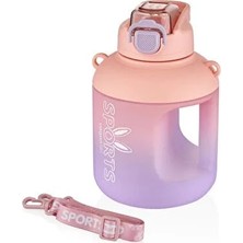 Aesco Vagonlife 1100ML Çift Renk Pipetli Taşıma Askılı ve Kulplu Motivasyon Su Matarası Sticker (Pembe-Mor)