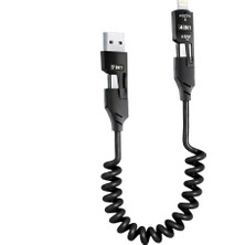 Die Grup 4'ü 1 Arada Çok Fonksiyonlu Spiral USB Şarj Kablosu, 65W Hızlı Şarj, Type-C ve Lightning Uyumlu, Araç Kullanımı Için